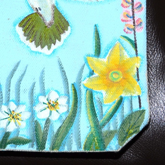 Hand Painted Small Tote Bag Hummingbird Floral Flowers 6 ¾" X 5 ½" - Picture 6 of 10